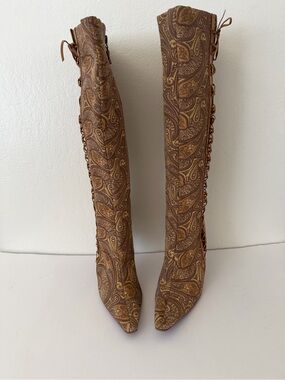 Suzanne Somers paisley tapestry knee-high boots